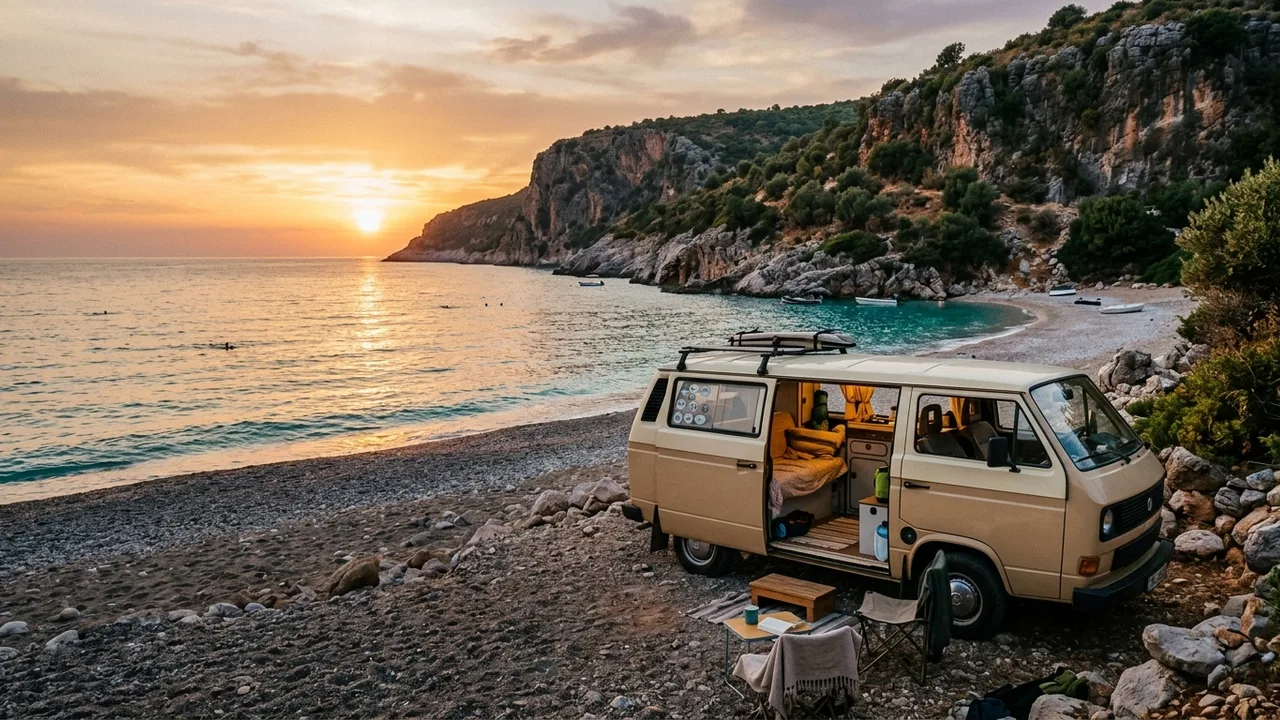 Campervan parked beside a quiet pebble cove on the Albanian Riviera at sunset