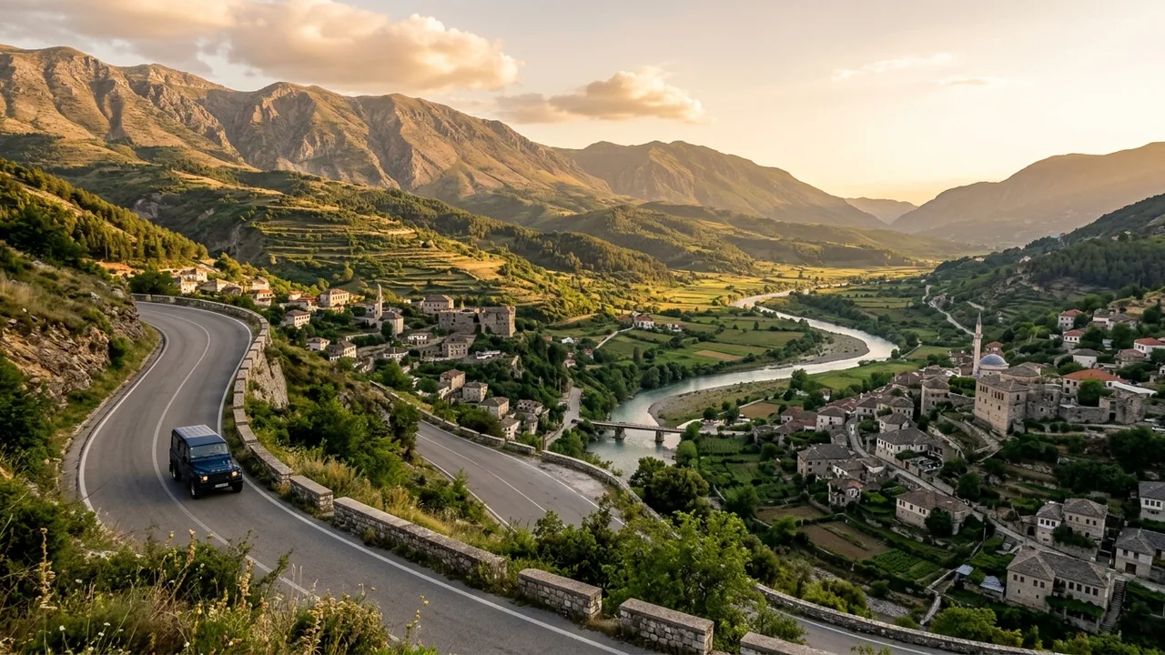 A winding mountain road above the green Drino valley with stone towns and rivers below in southern Albania
