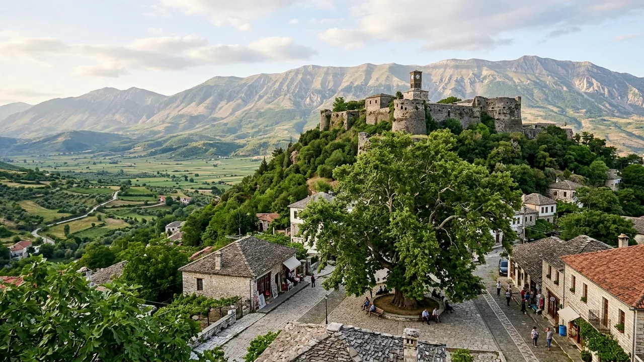A stone Ottoman castle on a hill above the green Drino valley at Libohovë in southern Albania