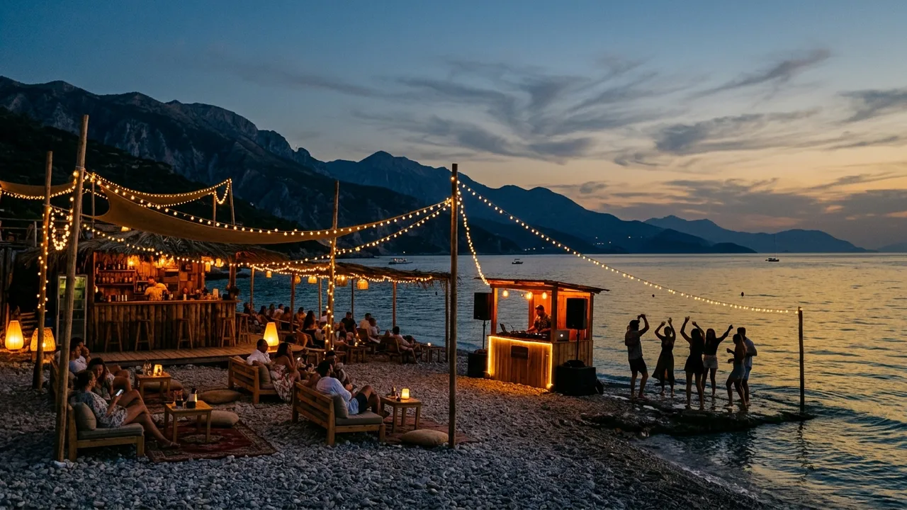 An Albanian Riviera beach club at dusk — string lights over a pebble shore, a lit DJ booth by the water and silhouettes against the Ionian and dark mountains, evoking OFF/LINE's beach-festival nights in Borsh
