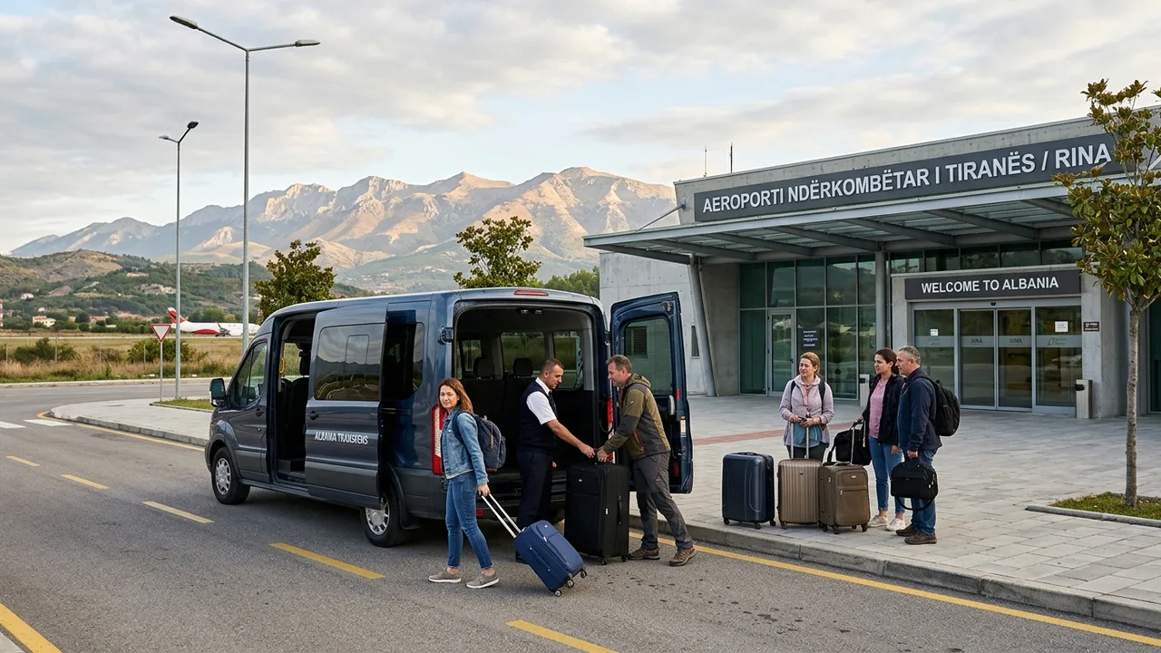 Transfer minibus and travellers with luggage outside Tirana International Airport (Rinas) with mountains behind