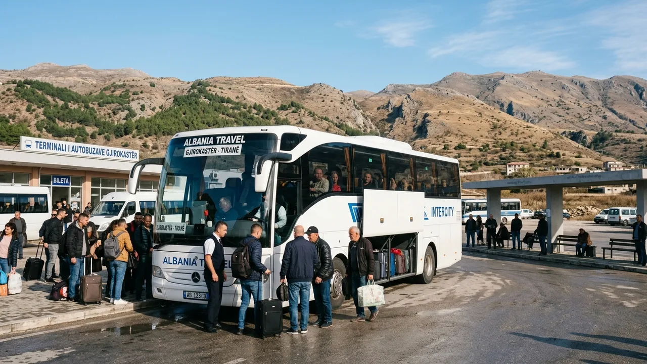 Intercity coach bus boarding at a regional bus terminal in Albania on a clear morning