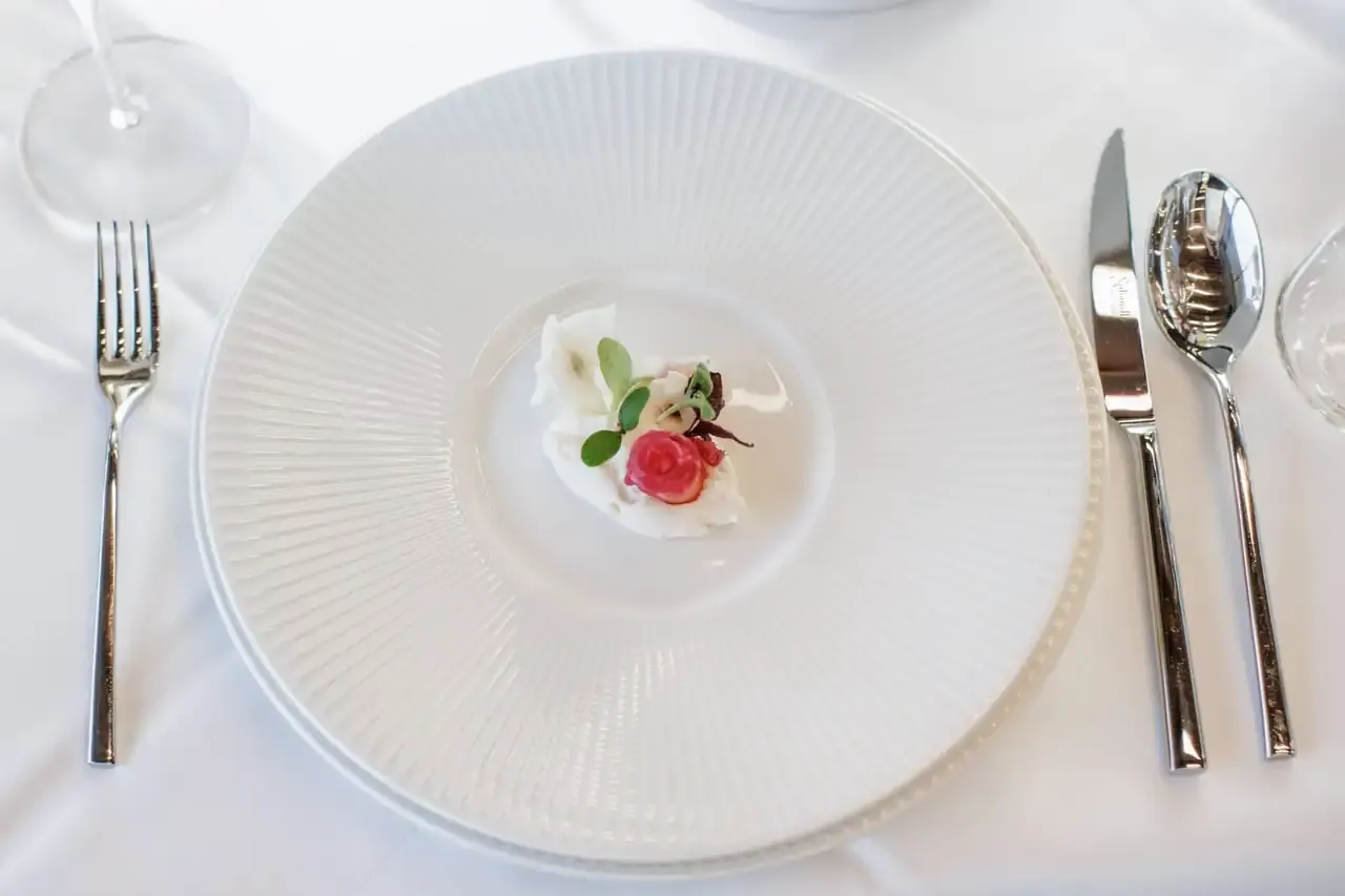 A single small plated course, dressed with micro herbs, on white linen