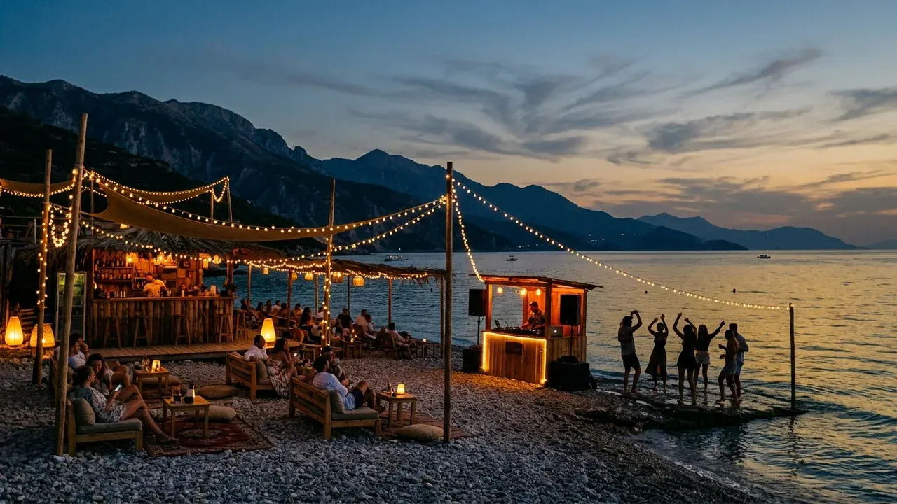 An Albanian Riviera beach club at dusk — string lights over a pebble shore, a lit DJ booth by the water and silhouettes against the Ionian and dark mountains, evoking OFF/LINE's beach-festival nights in Borsh