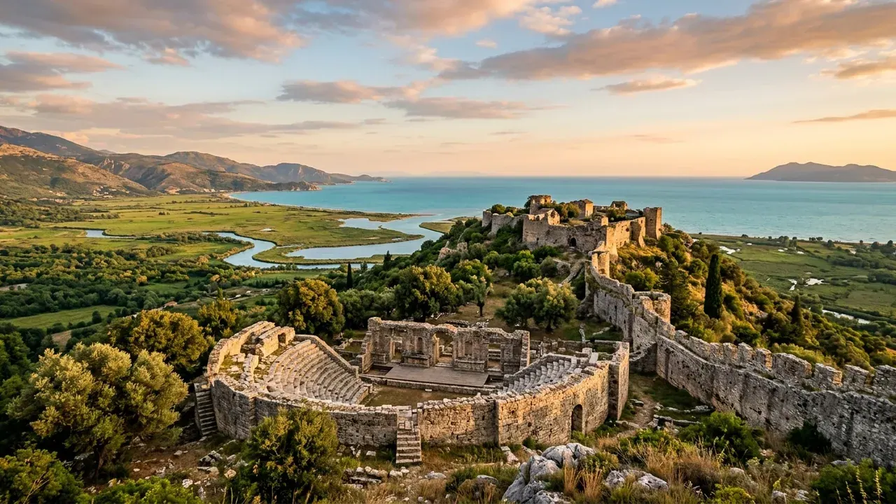 Ancient hilltop ruins and stone walls overlooking a green plain near Saranda in southern Albania