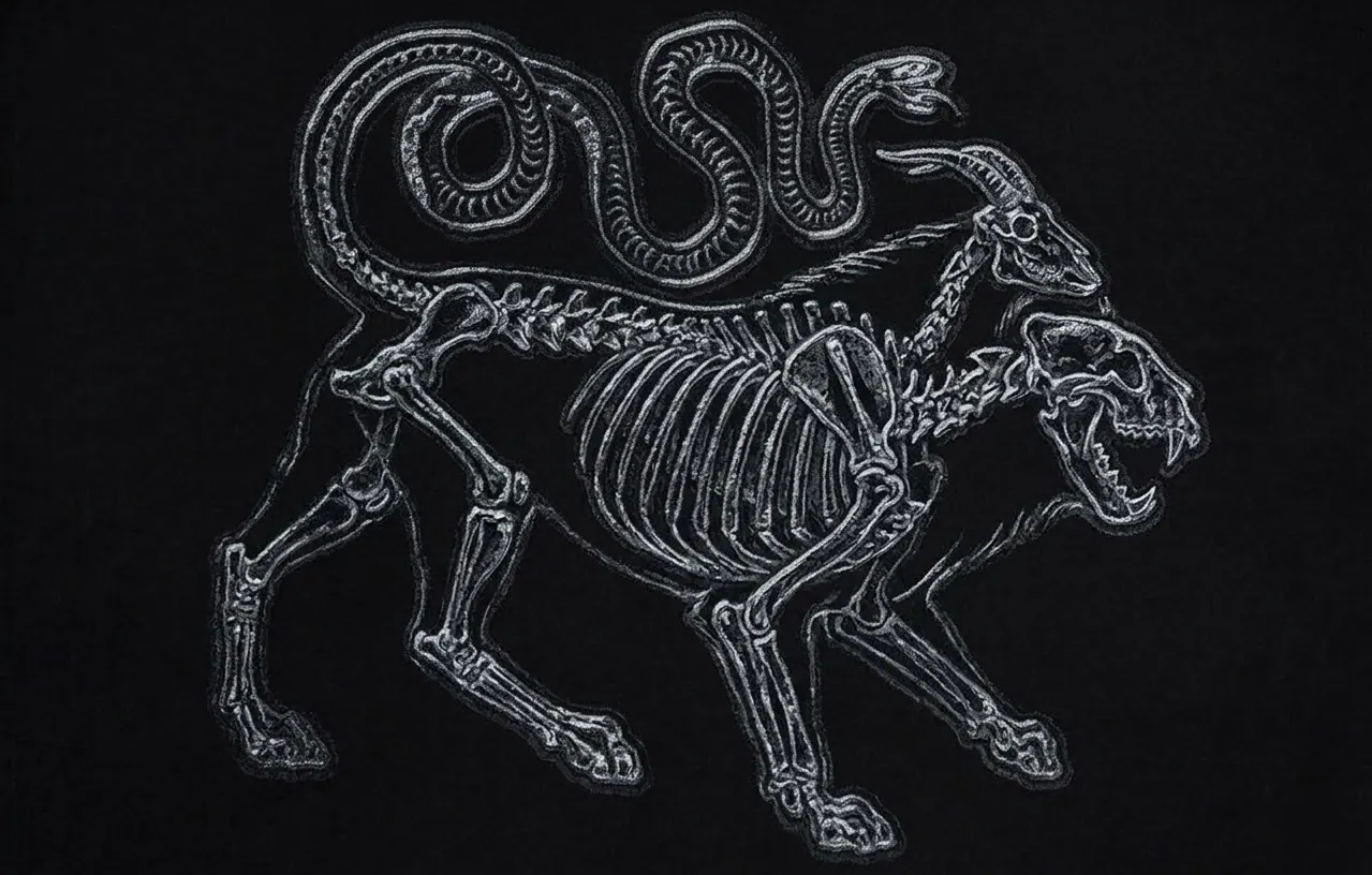 Skeletal anatomy of the Chimera — lion skull and forequarters at front, goat skull and horns rising from the spine, serpent skeleton forming the tail