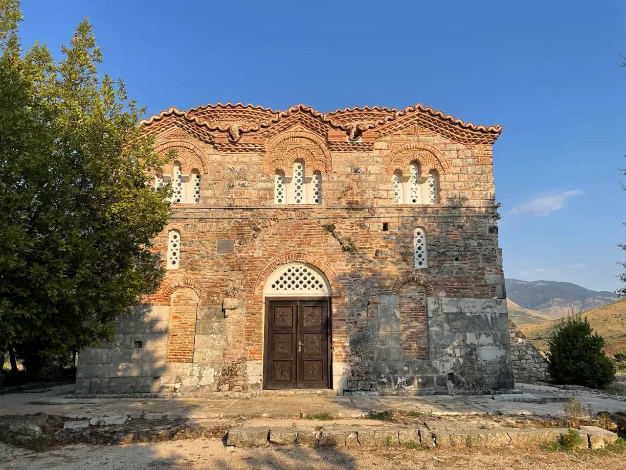 The Byzantine brick-and-stone facade of St. Nicholas Monastery church at Mesopotam