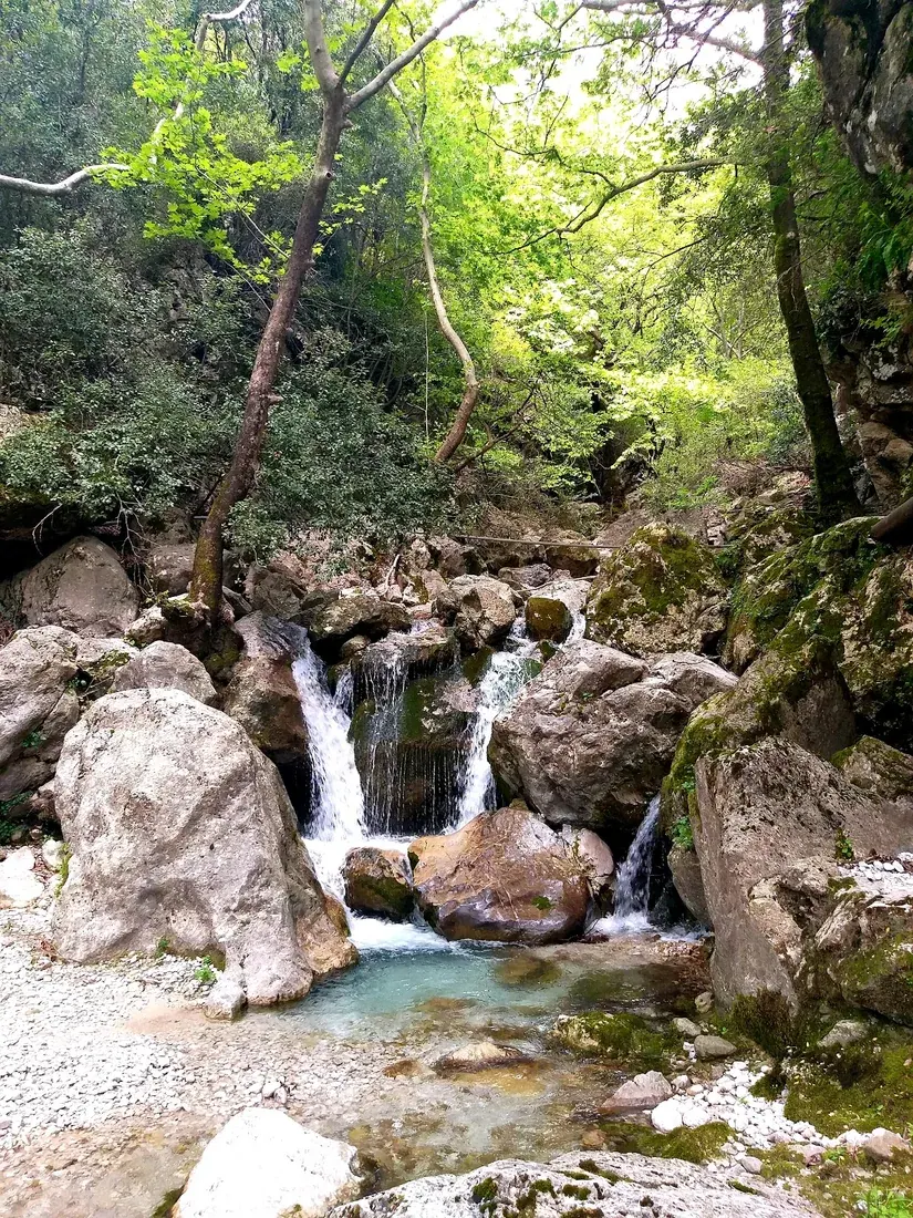 Vuno Waterfall cascading over mossy rocks into a turquoise pool in the wooded hills above the Albanian Riviera