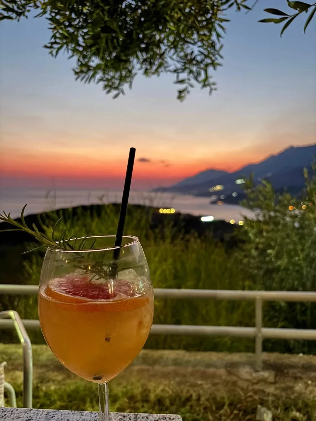A tumbler of orange cocktail with a rosemary sprig held against the setting sun