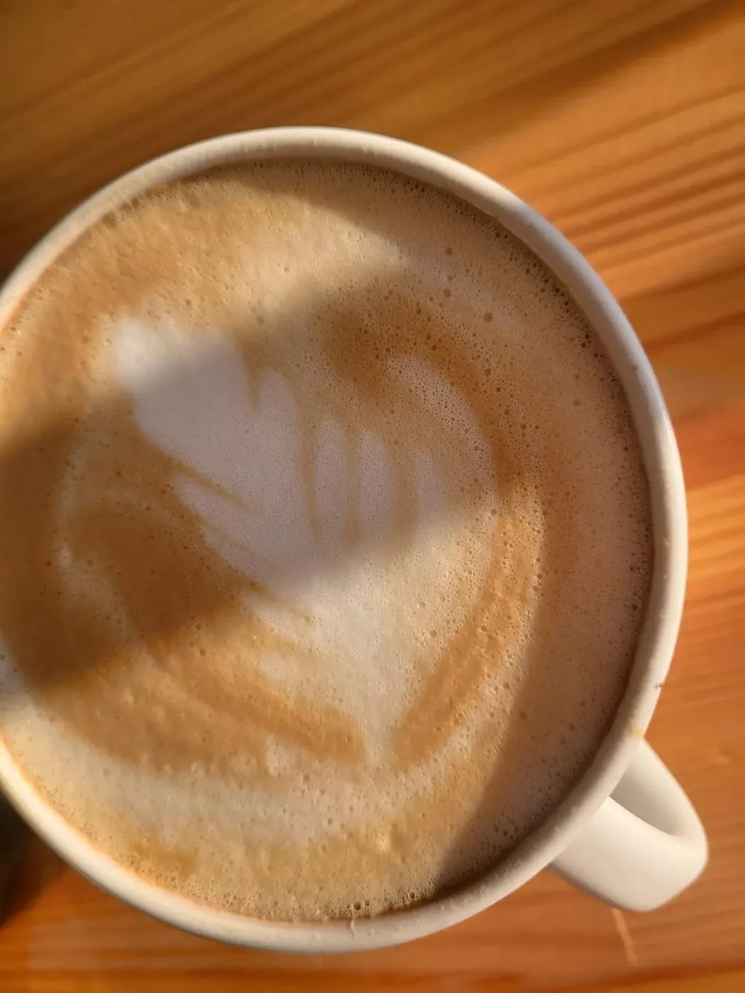 A cappuccino with a leaf poured into the foam