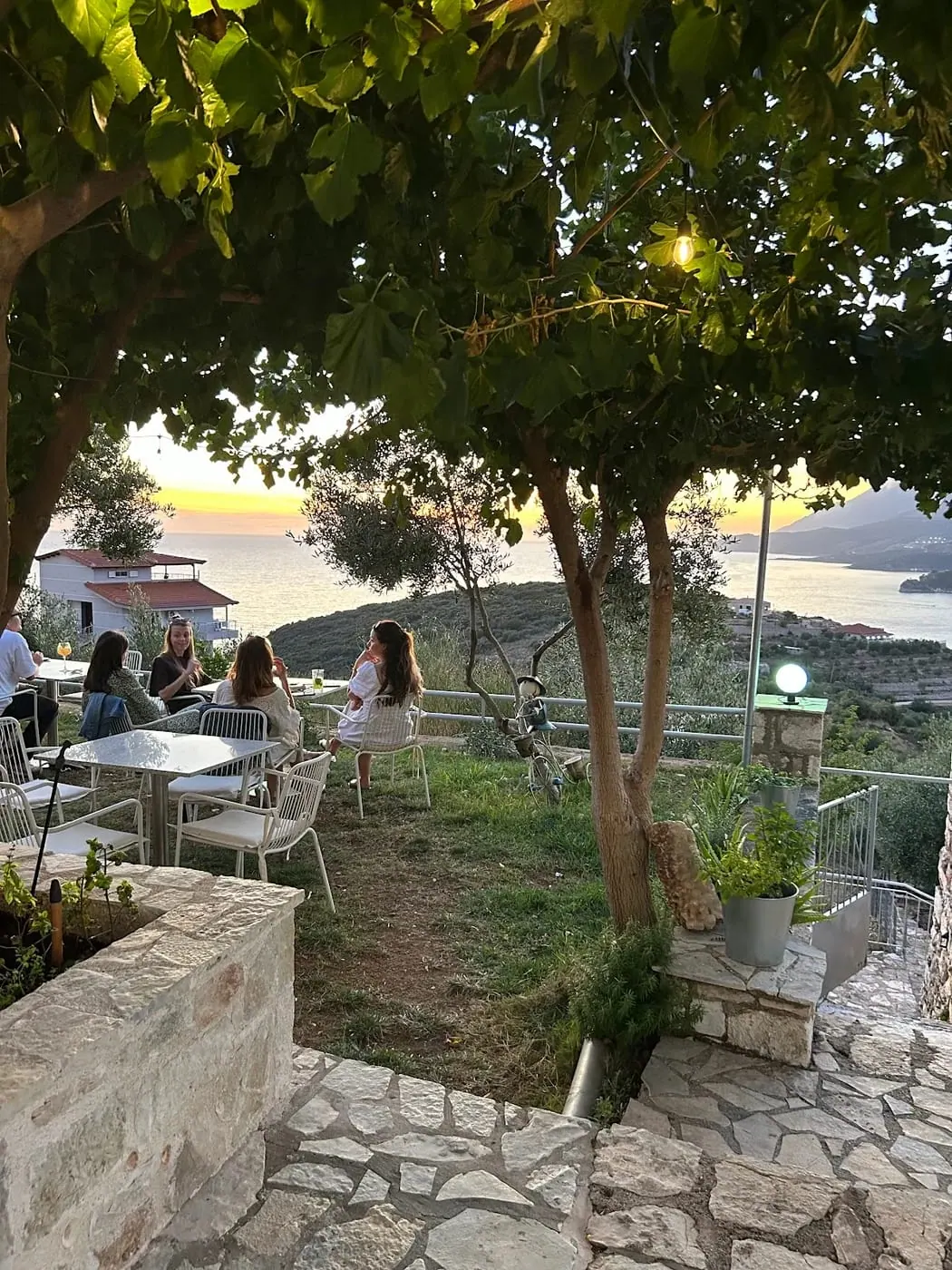 Tables under fig and olive trees on the garden terrace in the evening, the bay behind