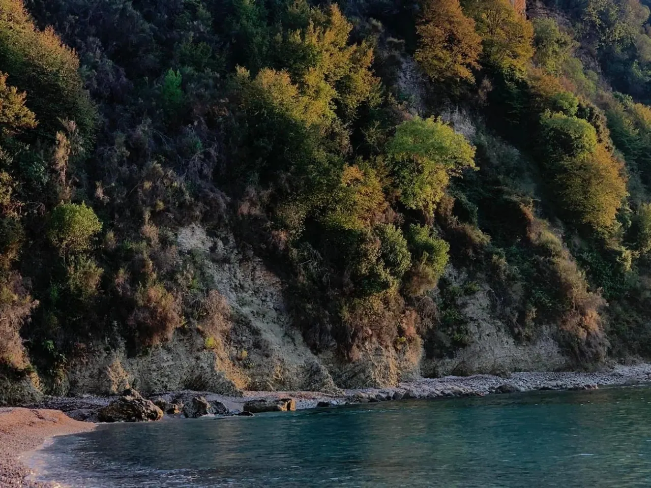 The wooded cliff and pebble shoreline of the cove at Potami, in evening light