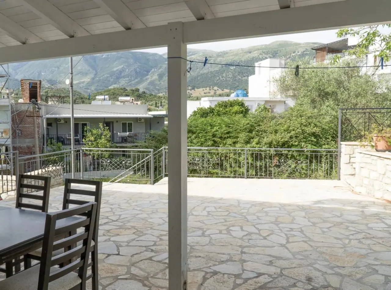 The flagstone terrace looking out to the mountains behind Himarë
