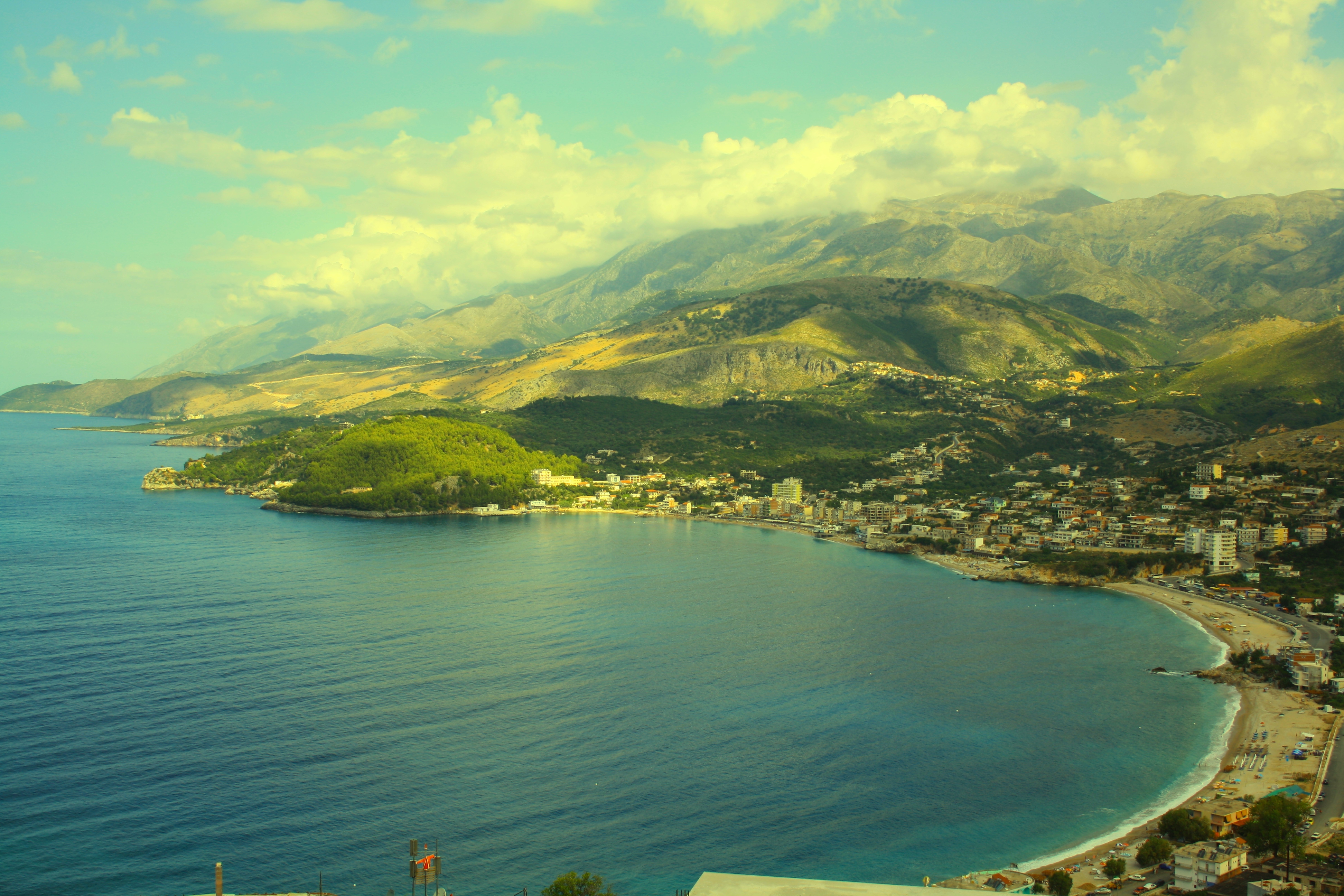 Panoramic view over Himara bay from a rooftop perspective near Coba Rooftop bar