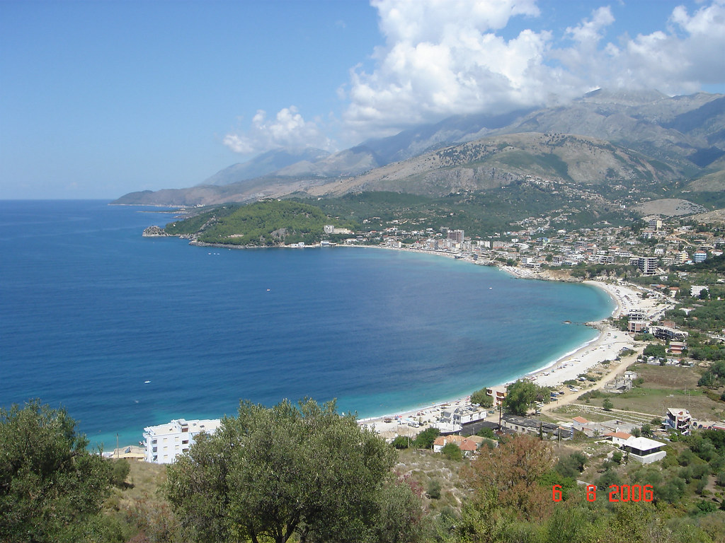 Panoramic view of Himara bay and coastal road used for route planning