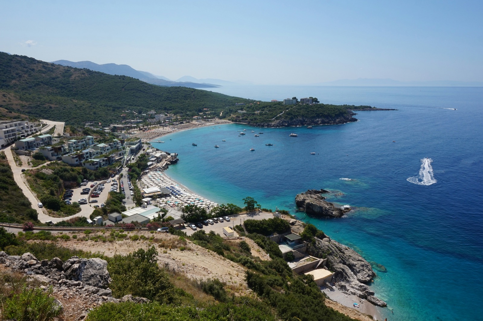 Elevated view of a coastal resort area along the Albanian Riviera