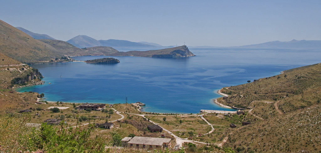 High-angle view of Spile Beach and Himara town for travel planning
