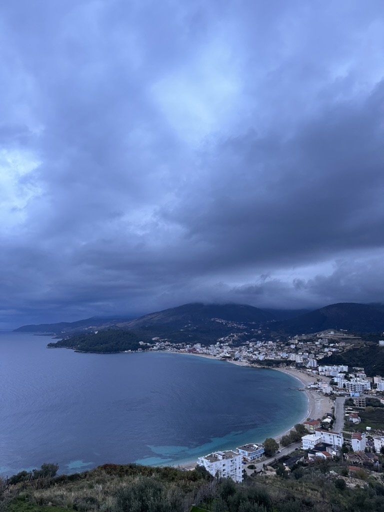 Himara Spile coastline during quiet winter months with muted sunset light
