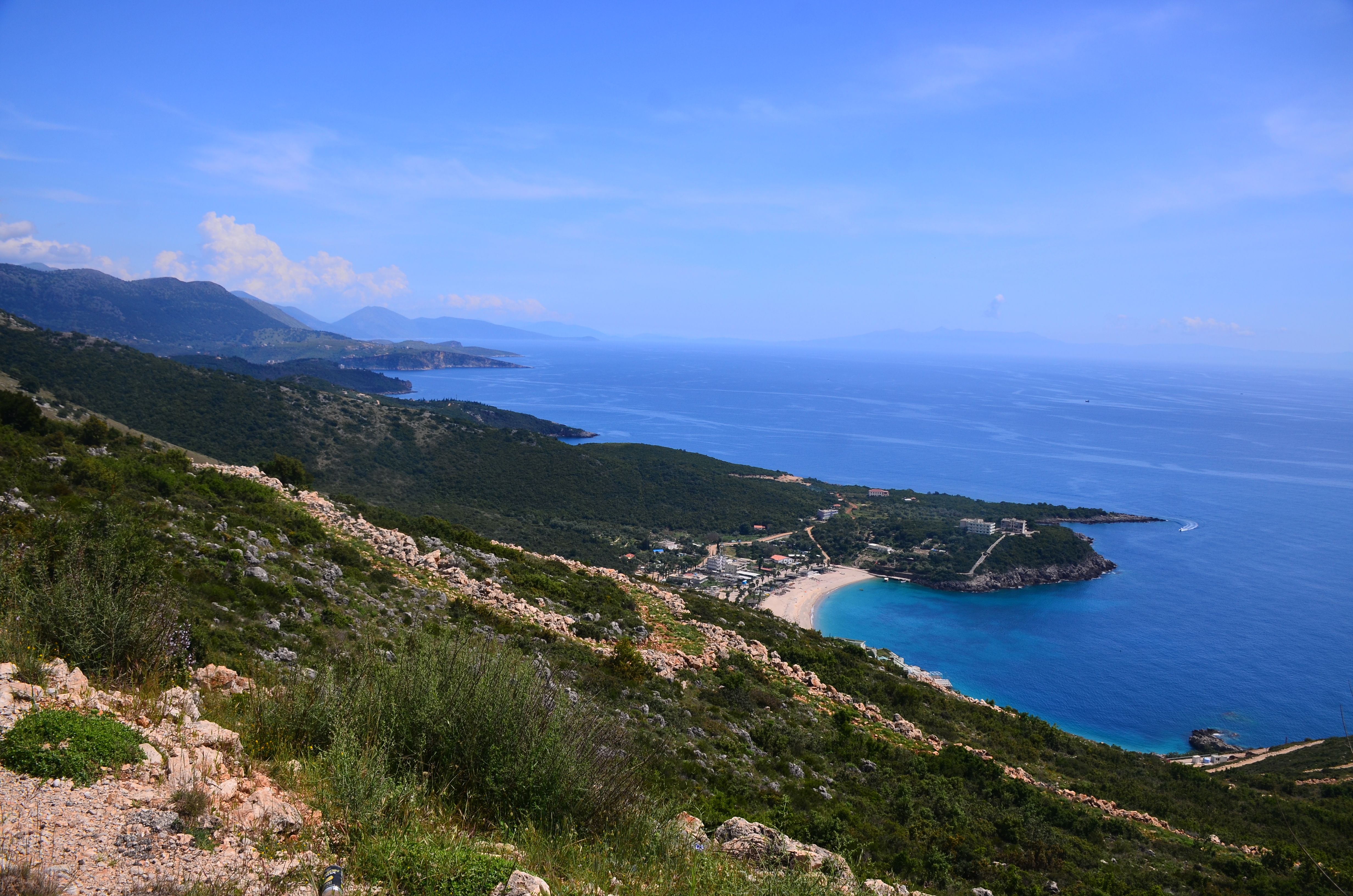 Aerial view of Porto Palermo Bay on the coastal route from Himara to Butrint