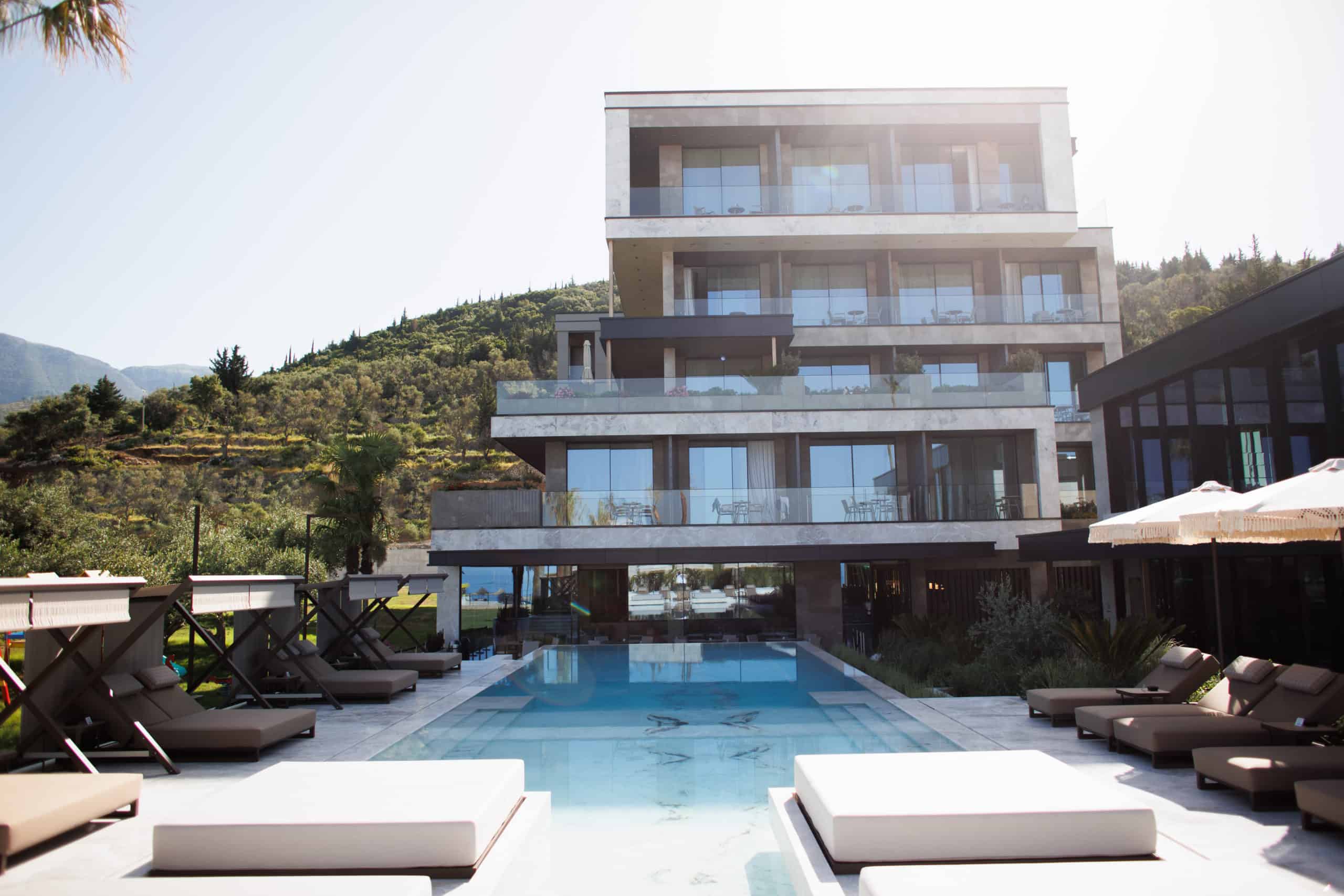 Infinity pool at Prado Luxury Hotel overlooking Potam Beach and the Ionian Sea