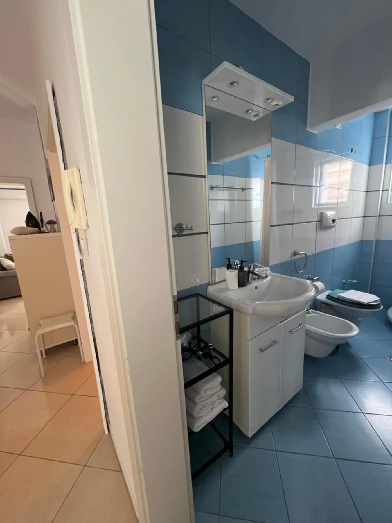 The bathroom tiled in blue and white, with a basin under a lit mirror, a shower, a toilet and a bidet