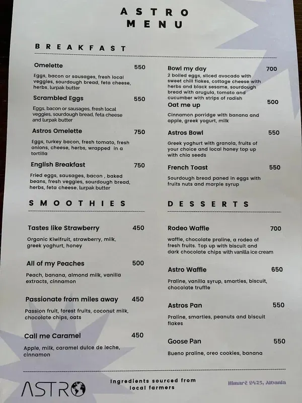 The printed Astro menu, black type on white paper with pale periwinkle stars behind it