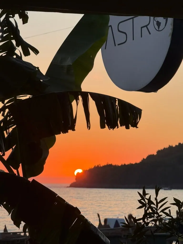 The round white Astro sign with its globe mark, hanging against the sun setting behind a wooded headland