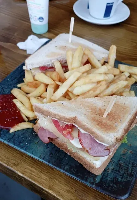 A toasted ham, cheese and tomato sandwich cut into two triangles, with fries and ketchup on a glazed teal plate