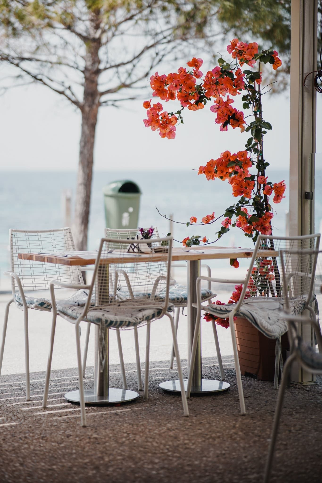 A set table and white wire chairs on the gravel terrace, bougainvillea trained up the post, the sea beyond