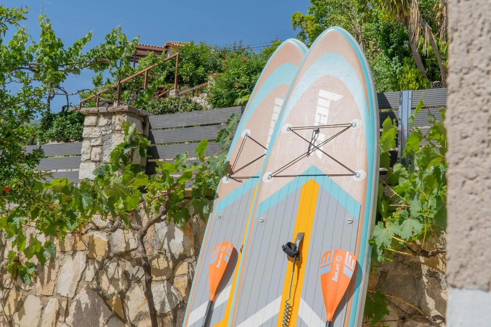 Two paddleboards and paddles standing against the garden's stone wall under a vine