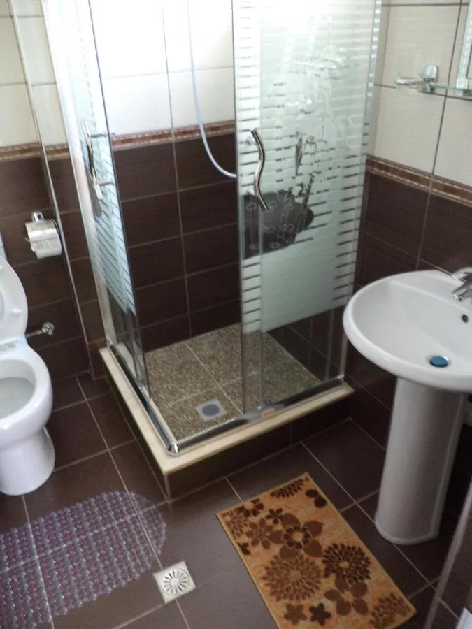 A bathroom at Castle Hotel with a glazed corner shower, brown wall tiling and a pedestal basin