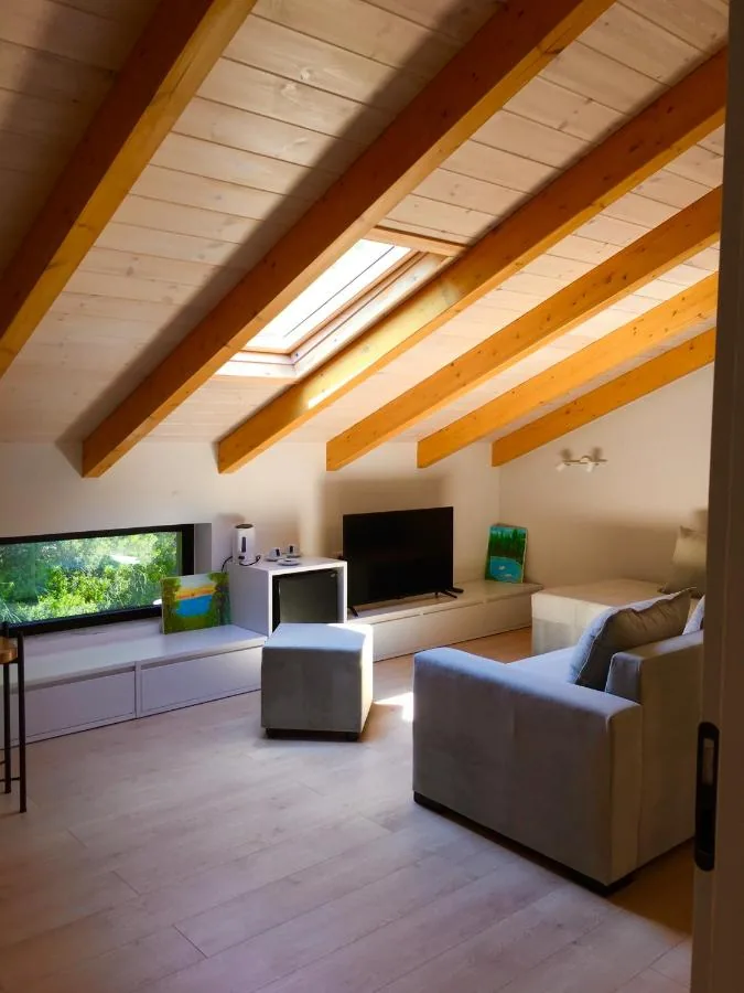 An attic sitting room under exposed timber rafters with a skylight, a sofa, a low bed and a long low unit