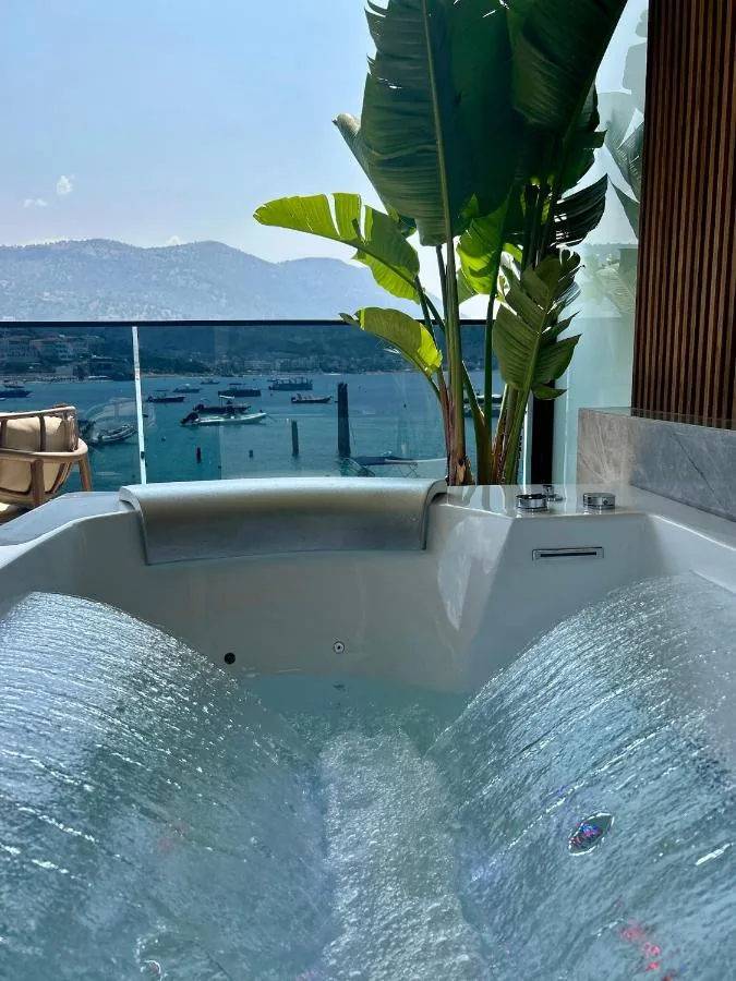 A filled jacuzzi on a balcony, a banana plant beside it, moored boats and the far ridge across the bay