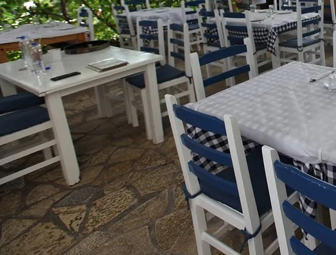 Blue and white painted timber tables and chairs with gingham seat pads on the flagstone terrace