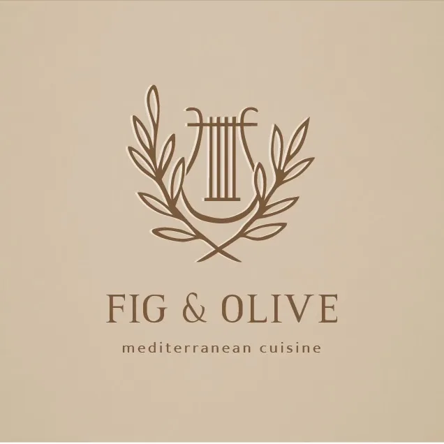 The Fig & Olive logo card: a lyre inside a wreath of two crossed leafy branches, drawn in brown line on a sand ground above the words FIG & OLIVE and mediterranean cuisine