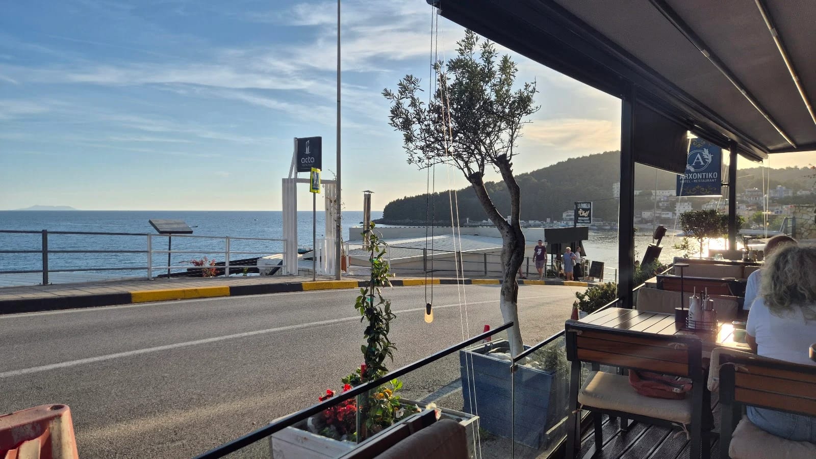 The view from the restaurant terrace, past the planters and an olive tree, across the seafront road to the sea and the wooded headland, with the ARXONTIKO sign at the right