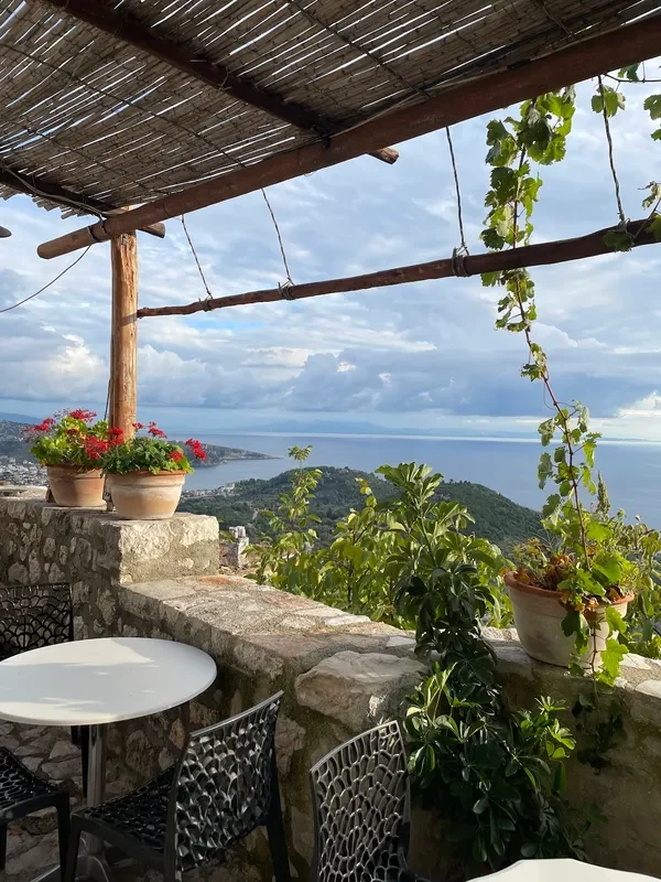 Round white tables and black openwork chairs along a mortared limestone parapet, under a roof of split cane on peeled timber poles, with terracotta pots of red geraniums on the wall and a green slope falling to a bay below