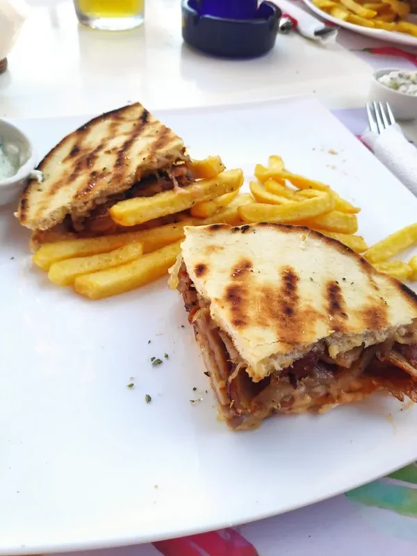 A grilled pita sandwich cut in two on a white plate with chips