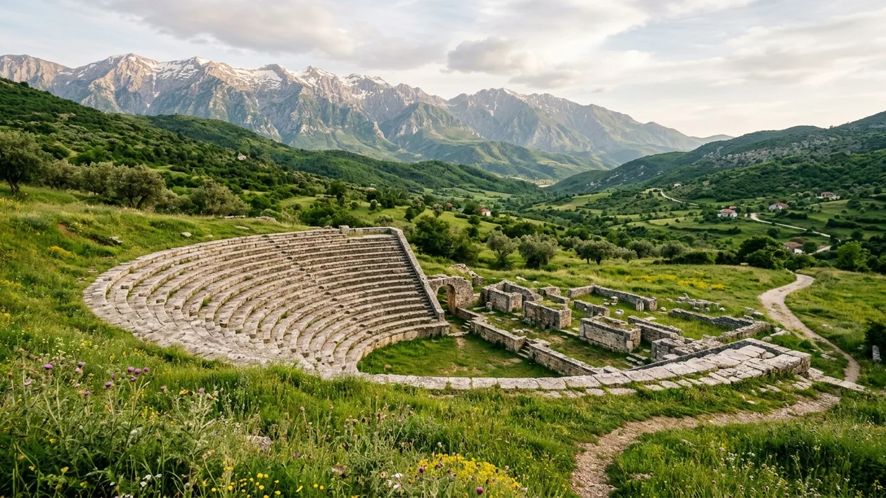 A semicircular ancient Roman stone theatre in a green field with mountains behind, Drino valley