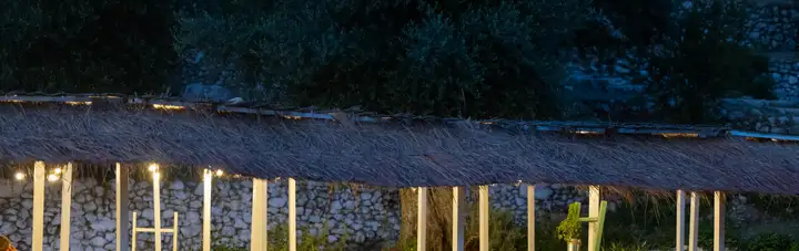 The taverna's long reed-thatch roof on white posts at dusk, lit from beneath, against a dry-stone wall and olive trees
