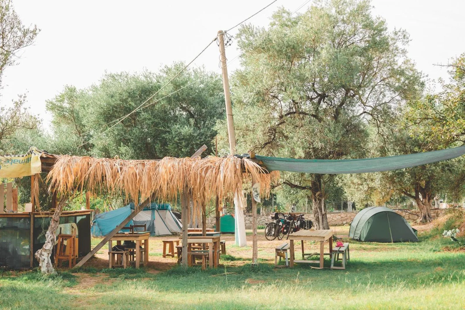 The palm-thatched common area at Olive Camping — plank tables and stools under the thatch, a green shade sail strung to one side, pitched tents and loaded touring bicycles beyond