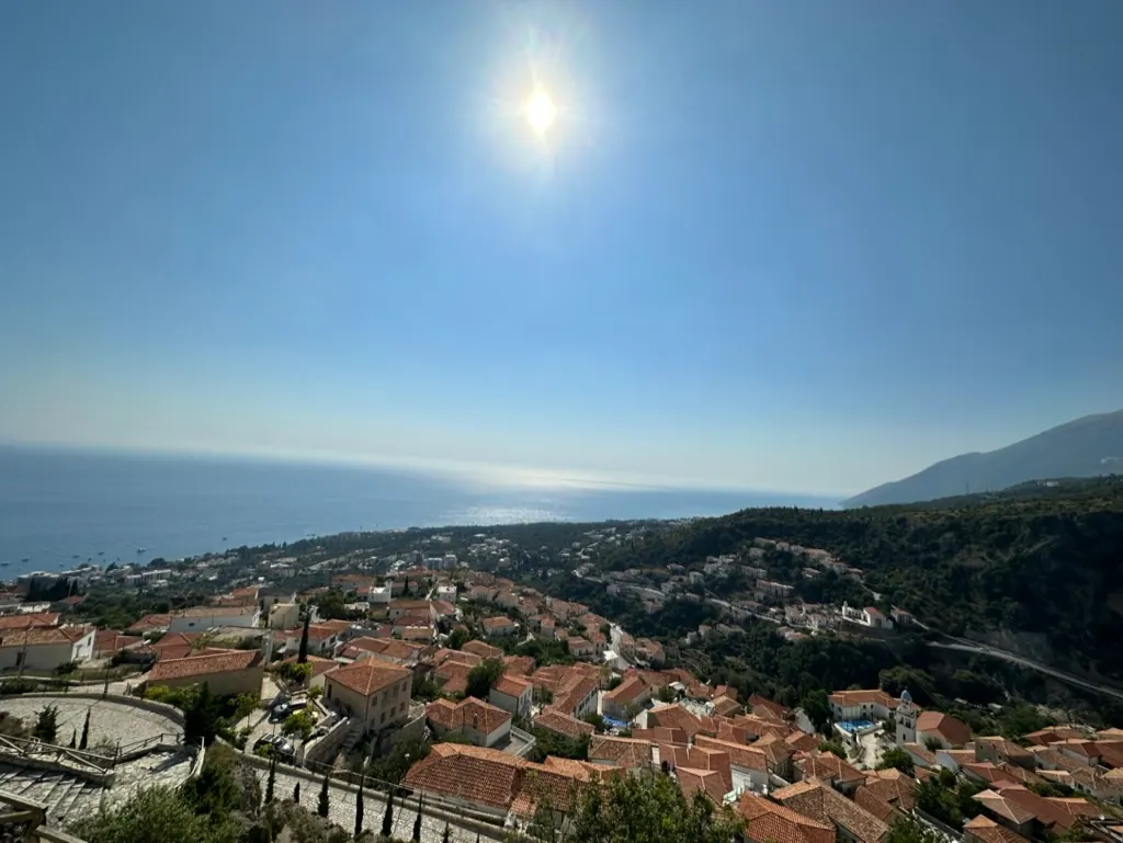 Panoramic mountain village view from above the Albanian Riviera coastline