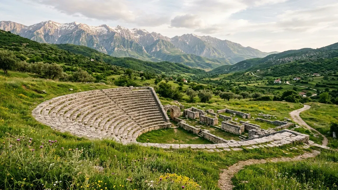 A semicircular ancient Roman stone theatre in a green field with mountains behind, Drino valley