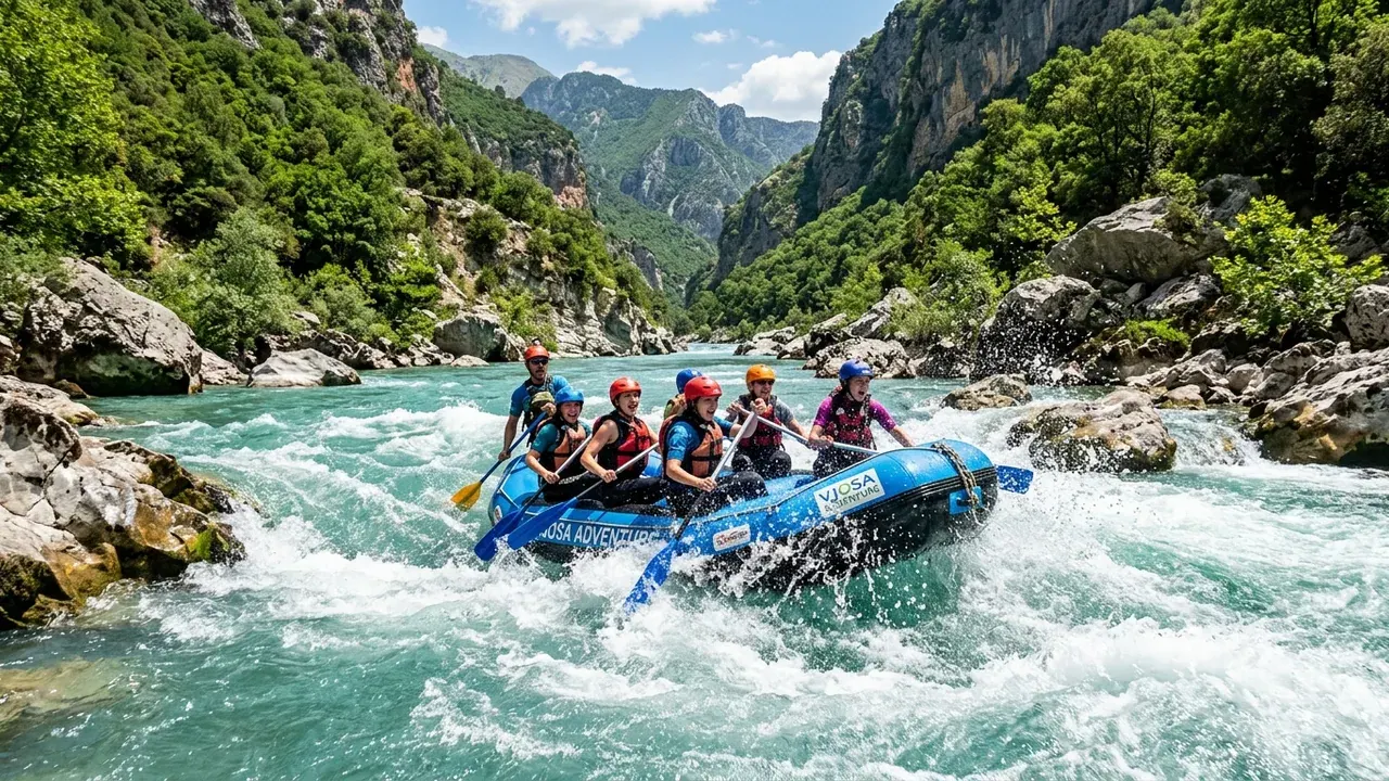 Whitewater rafting on the turquoise Vjosa river between green canyon walls in southern Albania