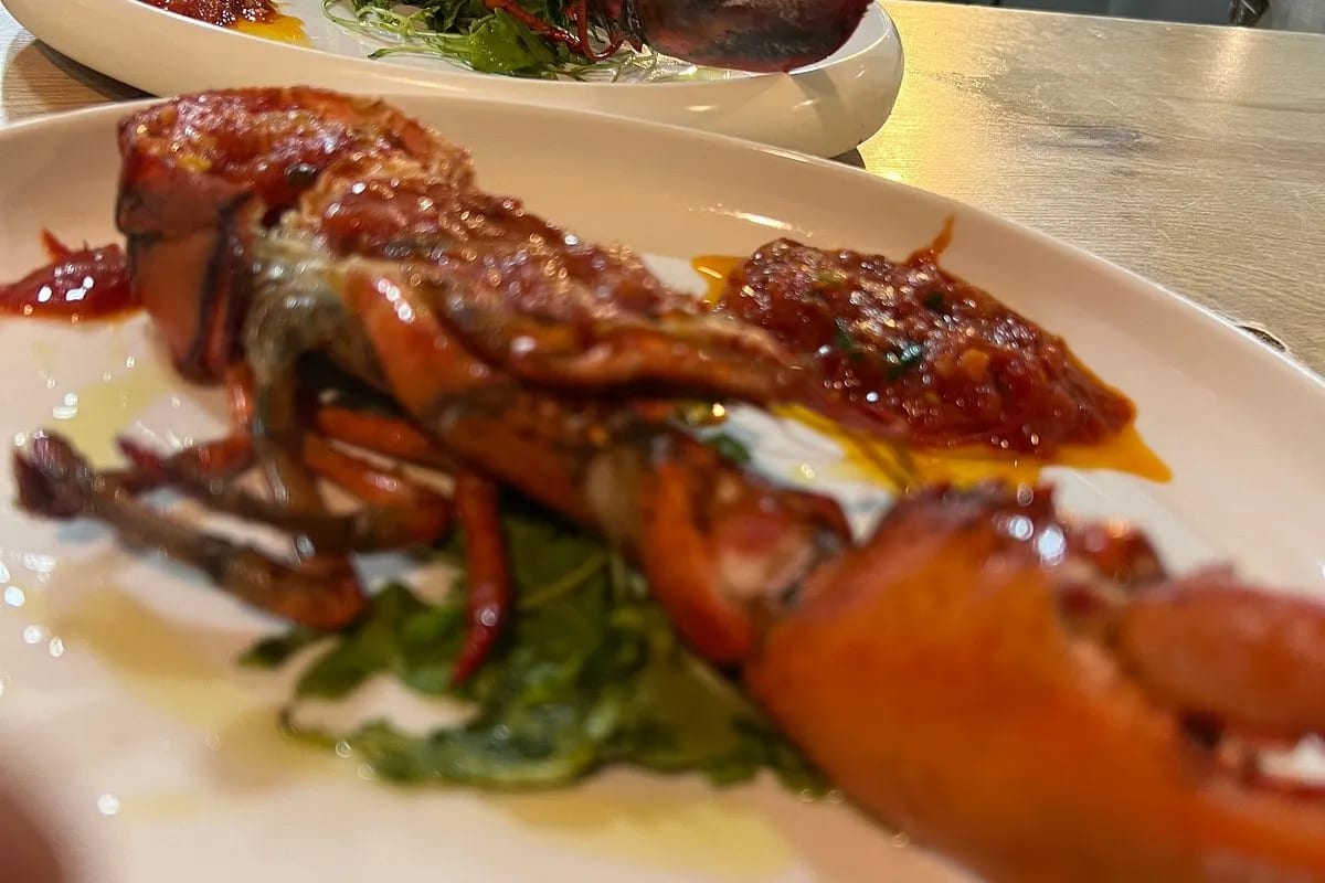A split spiny lobster on a long white dish, sauced with tomato and set on rocket, a second dish behind it