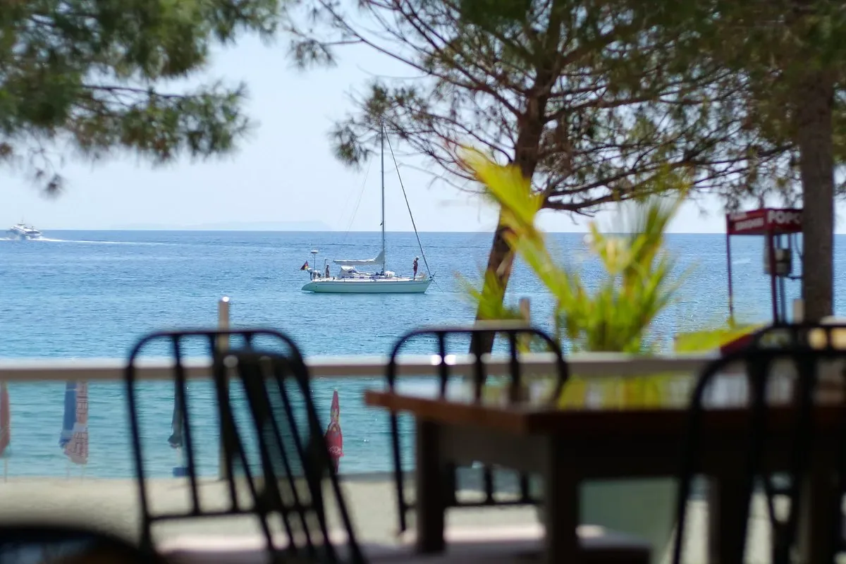 The Ionian seen from the restaurant's own tables, framed by a pine, with a yacht at anchor off Spile