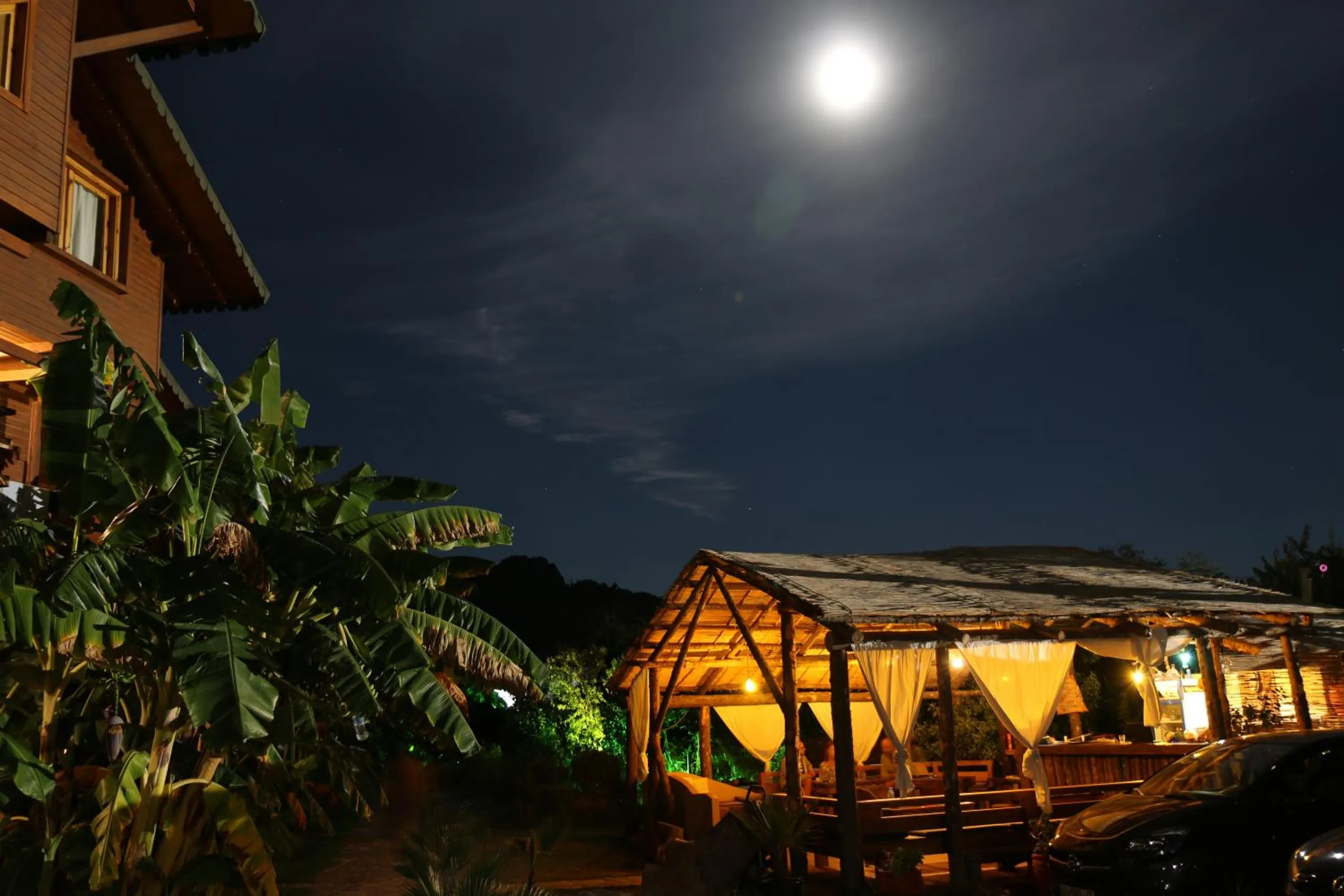 Guesthouse Vila Druri in Dhërmi: the thatched pavilion lit gold behind white curtains under a full moon, banana plants beside it